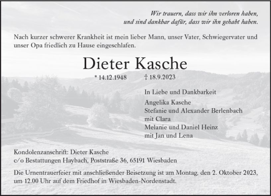 Traueranzeige von Dieter Kasche von Wiesbadener Kurier