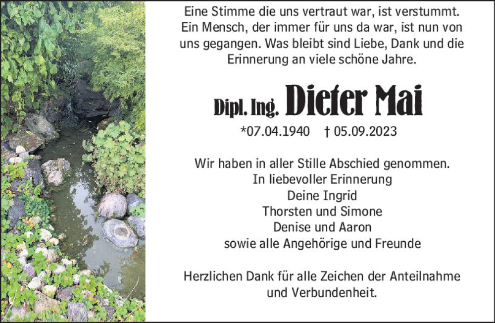  Traueranzeige für Dieter Mai vom 16.09.2023 aus Wetzlarer Neue Zeitung