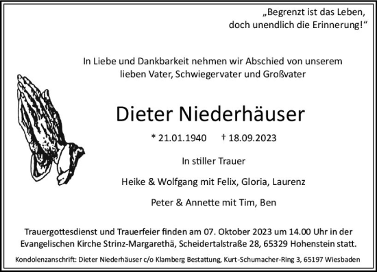 Traueranzeige von Dieter Niederhäuser von Wiesbadener Kurier
