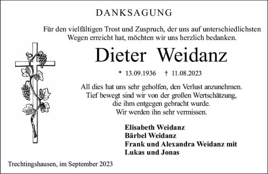 Traueranzeige von Dieter Weidanz von Bingen/Ingelheim WOBL inkl. Neue Binger Ztg.