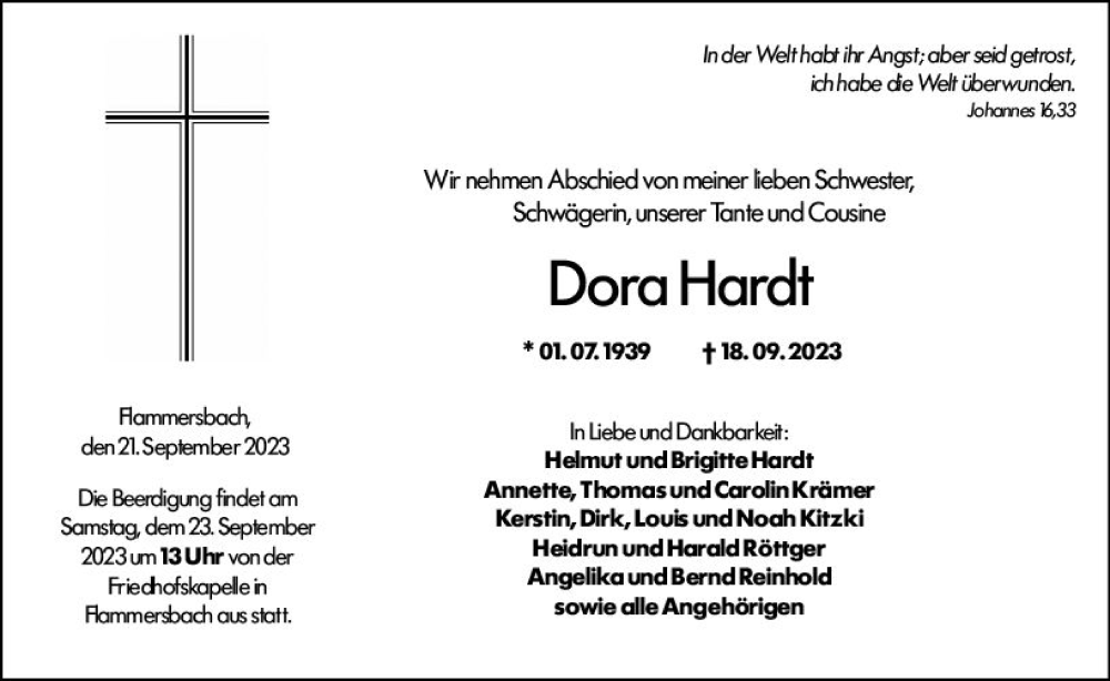  Traueranzeige für Dora Hardt vom 21.09.2023 aus Dill Block