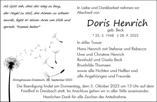 Traueranzeige von Doris Henrich von Wetzlarer Neue Zeitung