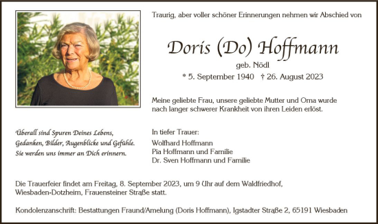 Traueranzeige von Doris Hoffmann von Wiesbadener Kurier