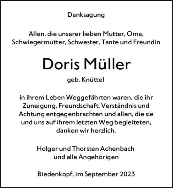 Traueranzeige von Doris Müller von Hinterländer Anzeiger