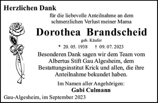 Traueranzeige von Dorothea Brandscheid von Bingen/Ingelheim WOBL inkl. Neue Binger Ztg.