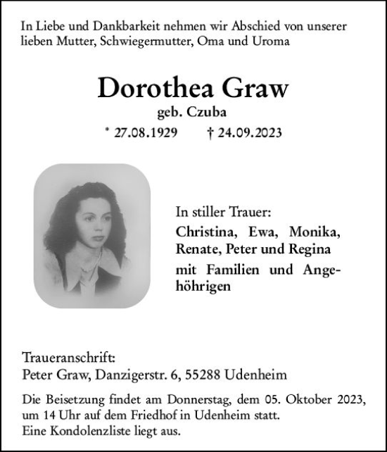 Traueranzeige von Dorothea Graw von Allgemeine Zeitung Alzey