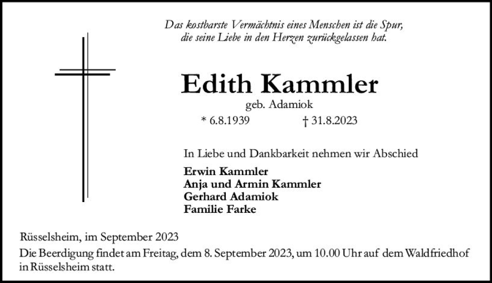  Traueranzeige für Edith Kammler vom 06.09.2023 aus Rüsselsheimer Echo