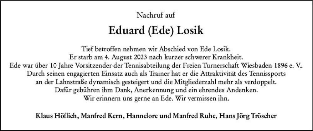  Traueranzeige für Eduard  Losik vom 02.09.2023 aus Wiesbadener Kurier