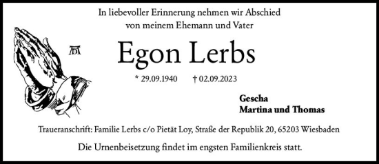 Traueranzeige von Egon Lerbs von Wiesbadener Kurier