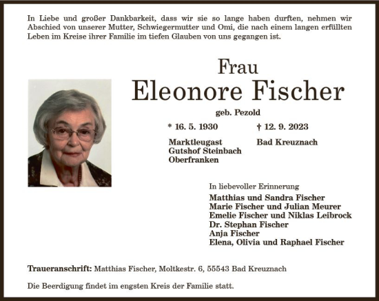 Traueranzeige von Eleonore Fischer von Allgemeine Zeitung Bad Kreuznach