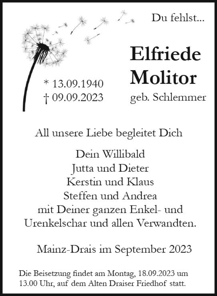  Traueranzeige für Elfriede Molitor vom 14.09.2023 aus Allgemeine Zeitung Mainz