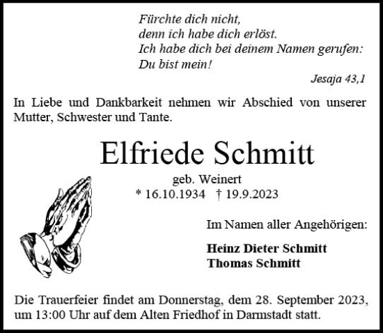 Traueranzeige von Elfriede Schmitt von Darmstädter Echo