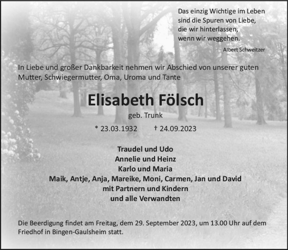  Traueranzeige für Elisabeth Fölsch vom 28.09.2023 aus Allgemeine Zeitung Bingen/Ingelheim