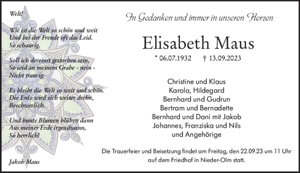  Traueranzeige für Elisabeth Maus vom 16.09.2023 aus Allgemeine Zeitung Mainz