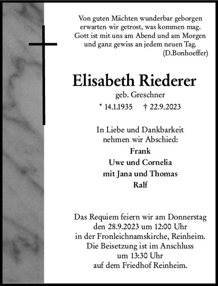  Traueranzeige für Elisabeth Riederer vom 26.09.2023 aus Darmstädter Echo