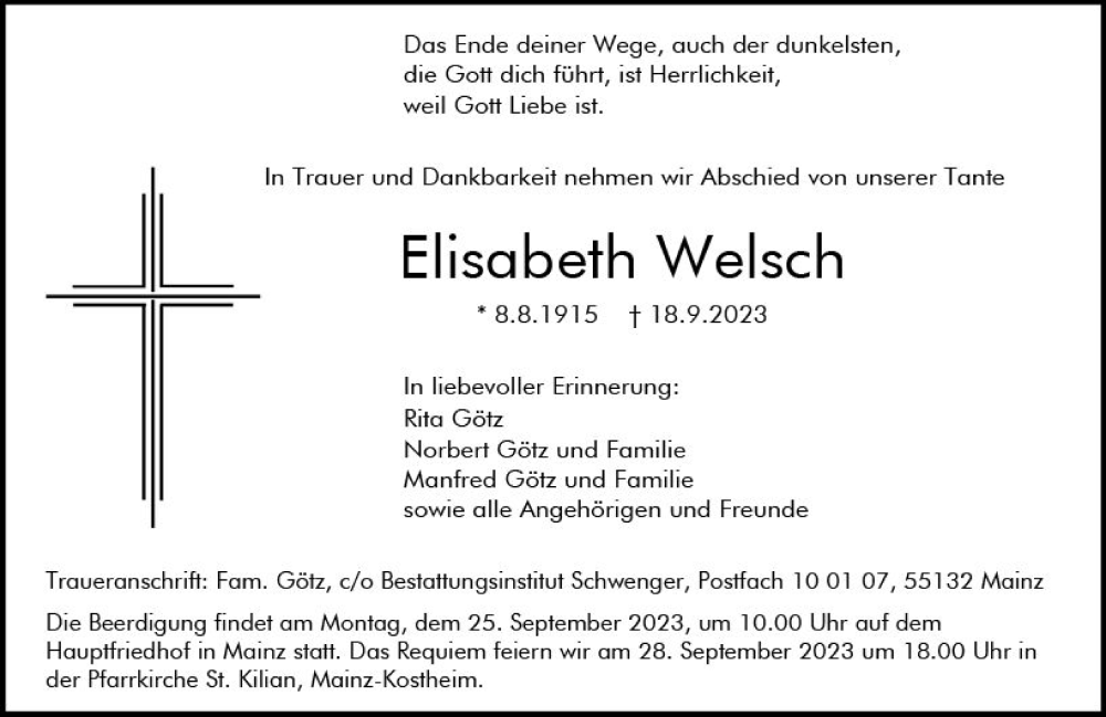  Traueranzeige für Elisabeth Welsch vom 23.09.2023 aus Allgemeine Zeitung Mainz