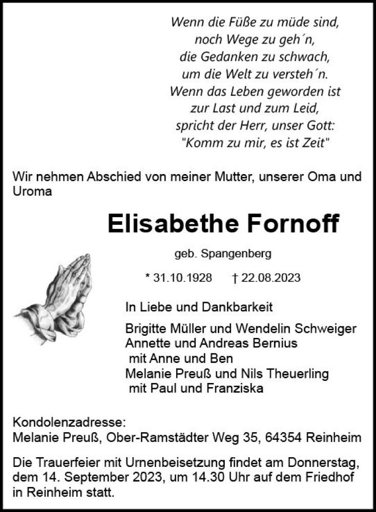  Traueranzeige für Elisabethe Fornoff vom 09.09.2023 aus Darmstädter Echo