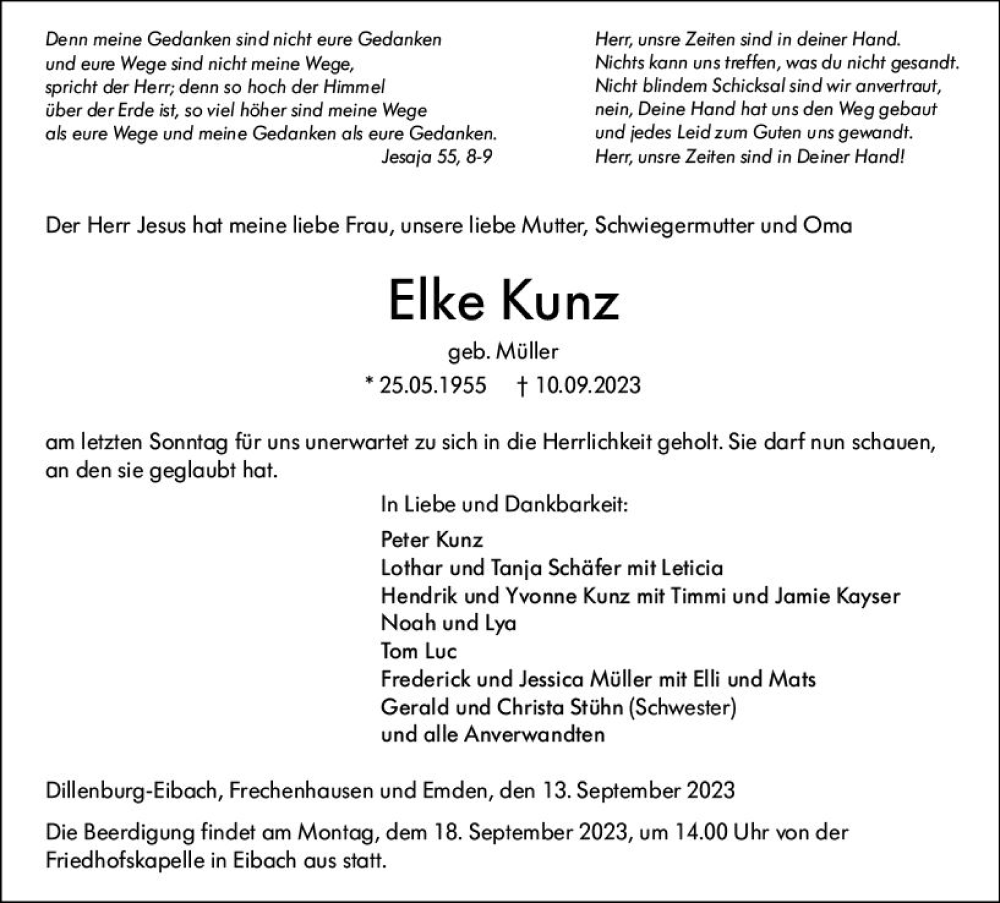  Traueranzeige für Elke Kunz vom 13.09.2023 aus Dill Block