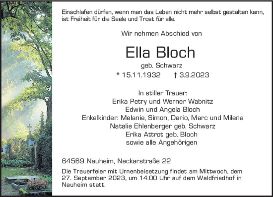 Traueranzeige von Ella Bloch von Groß-Gerauer Echo