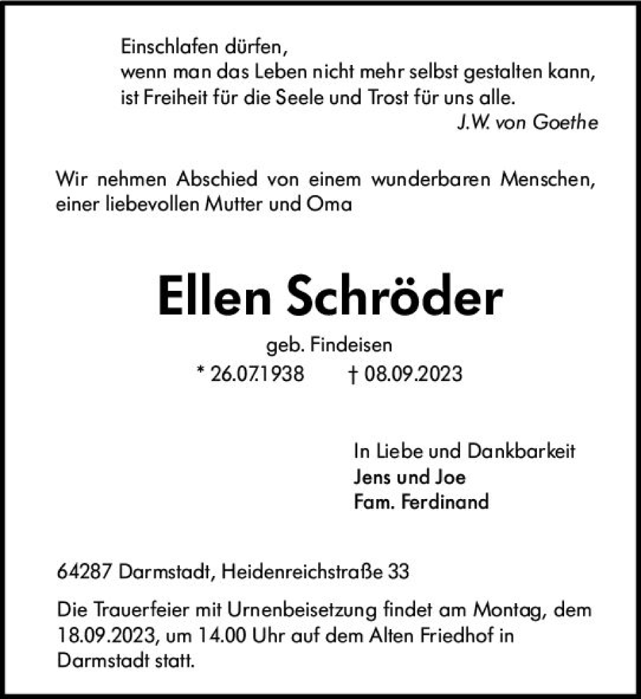  Traueranzeige für Ellen Schröder vom 13.09.2023 aus Darmstädter Echo