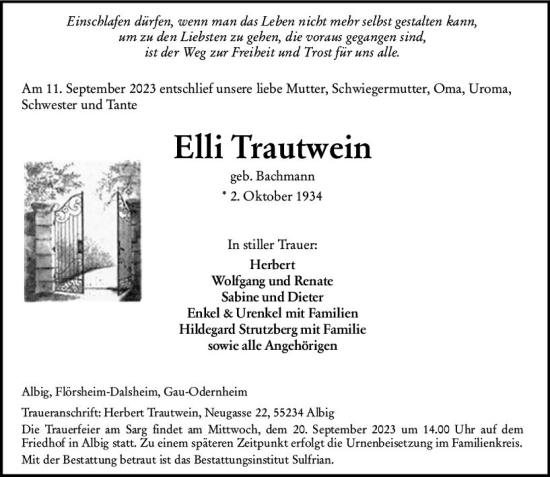 Traueranzeige von Elli Trautwein von Allgemeine Zeitung Alzey