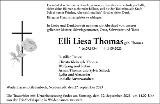 Traueranzeige von Elli Liesa Thomas von Hinterländer Anzeiger