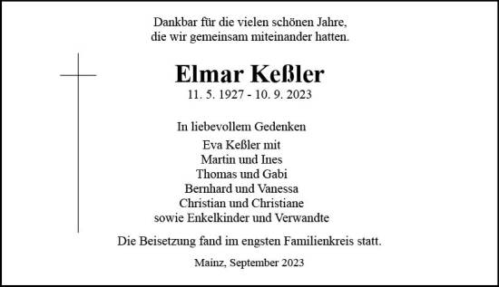 Traueranzeige von Elmar Keßler von Allgemeine Zeitung Mainz