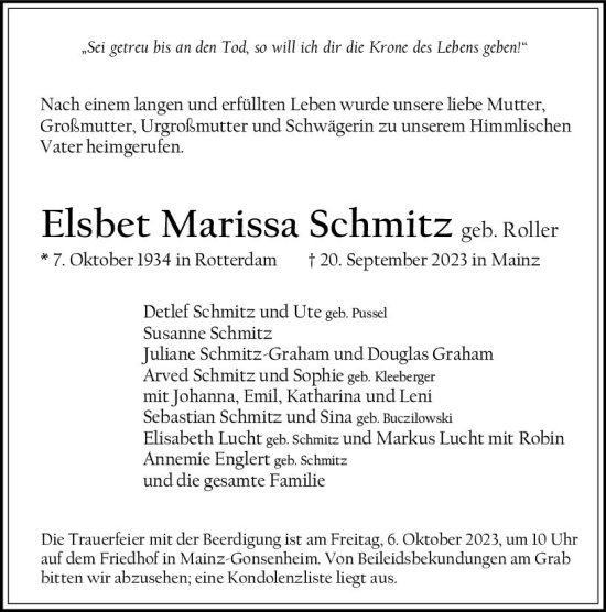 Traueranzeige von Elsbet Marissa Schmitz von Allgemeine Zeitung Mainz
