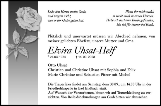 Traueranzeige von Elvira Uhsat-Helf von Hinterländer Anzeiger