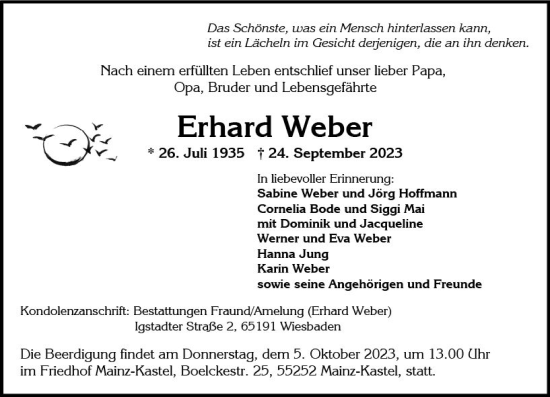 Traueranzeige von Erhard Weber von Wiesbadener Kurier