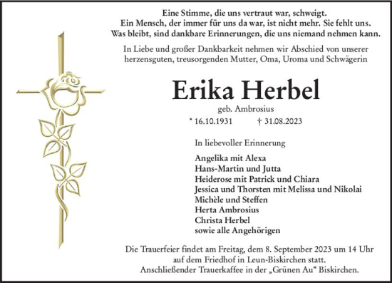 Traueranzeige von Erika Herbel von Wetzlarer Neue Zeitung