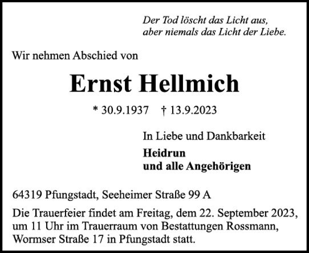  Traueranzeige für Ernst Hellmich vom 16.09.2023 aus Darmstädter Echo