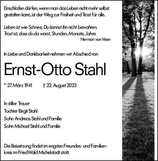 Traueranzeige von Ernst-Otto Stahl von Darmstädter Echo