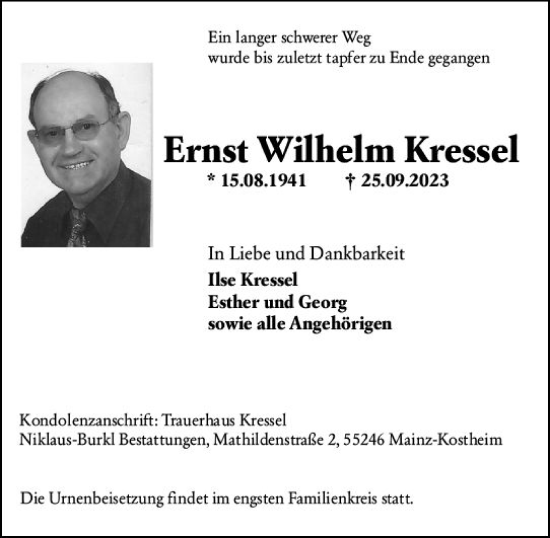 Traueranzeige von Ernst Wilhelm Kressel von Allgemeine Zeitung Mainz