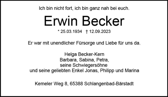 Traueranzeige von Erwin Becker von Idsteiner Land/Untertaunus