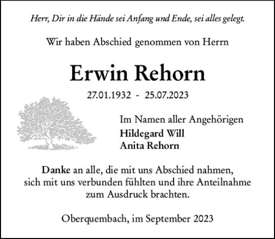 Traueranzeige von Erwin Rehorn von Wetzlarer Neue Zeitung