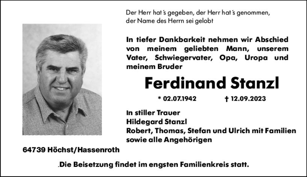  Traueranzeige für Ferdinand Stanzl vom 16.09.2023 aus Odenwälder Echo