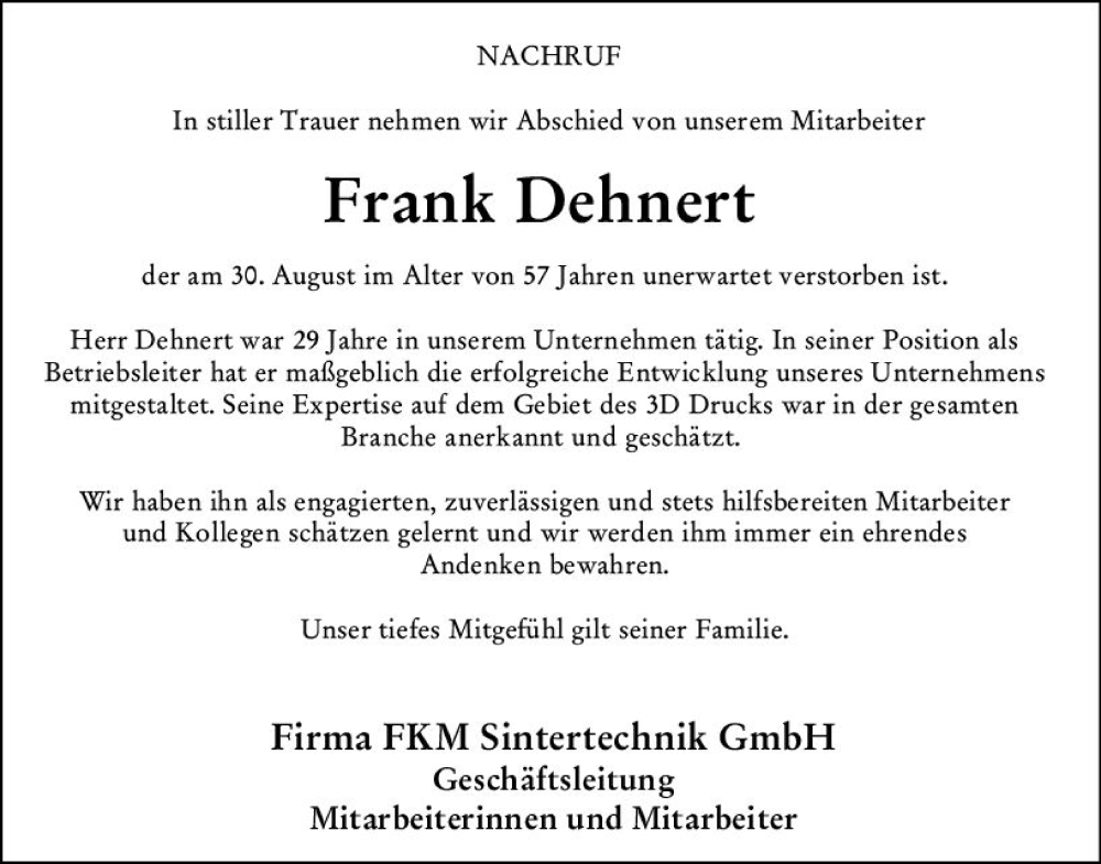  Traueranzeige für Frank Dehnert vom 02.09.2023 aus Hinterländer Anzeiger