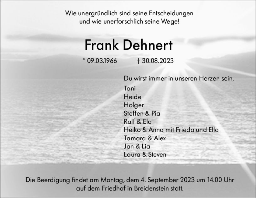  Traueranzeige für Frank Dehnert vom 01.09.2023 aus Hinterländer Anzeiger