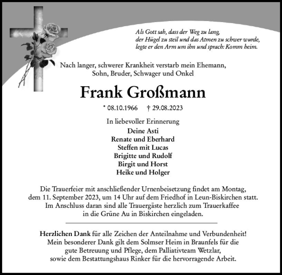 Traueranzeige von Frank Großmann von Wetzlarer Neue Zeitung