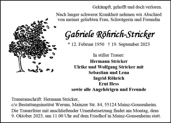 Traueranzeige von Gabriele Röhrich-Stricker von Allgemeine Zeitung Mainz
