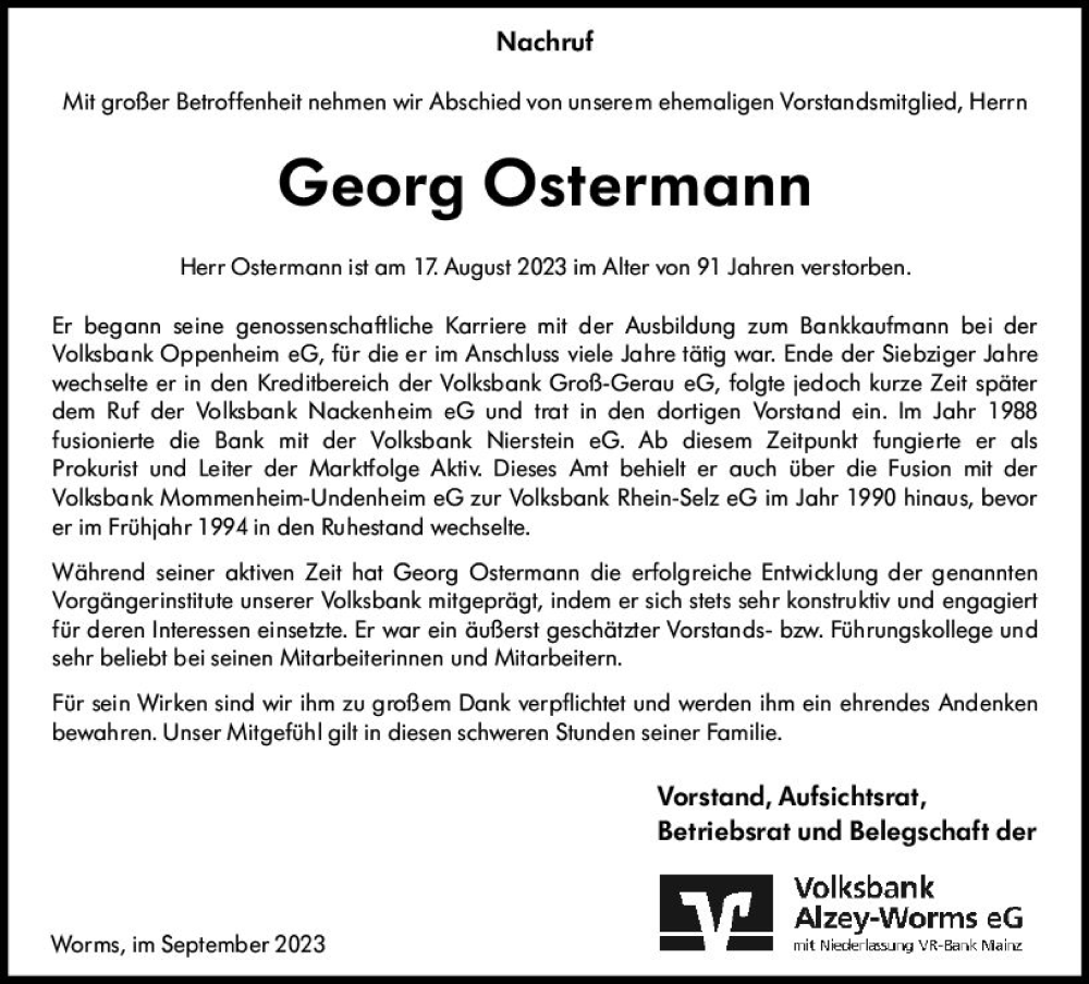  Traueranzeige für Georg Ostermann vom 09.09.2023 aus Allgemeine Zeitung Mainz