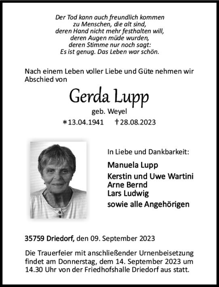 Traueranzeige für Gerda Lupp vom 09.09.2023 aus Dill Block