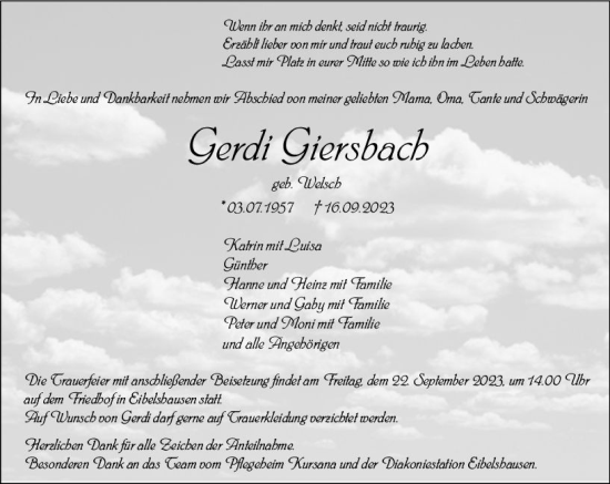 Traueranzeige von Gerdi Giersbach von Dill Block