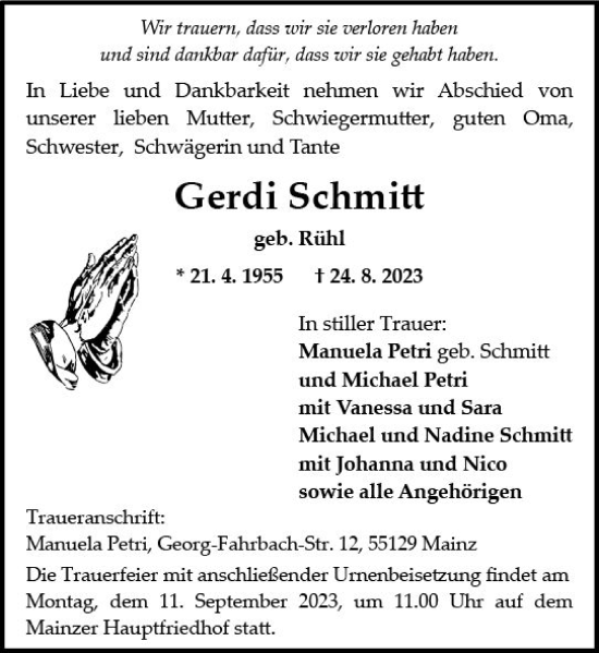 Traueranzeige von Gerdi Schmitt von Allgemeine Zeitung Mainz