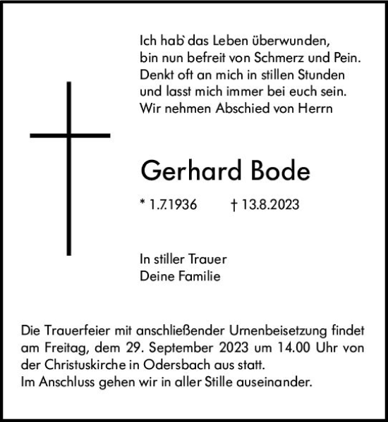 Traueranzeige von Gerhard Bode von Weilburger Tageblatt