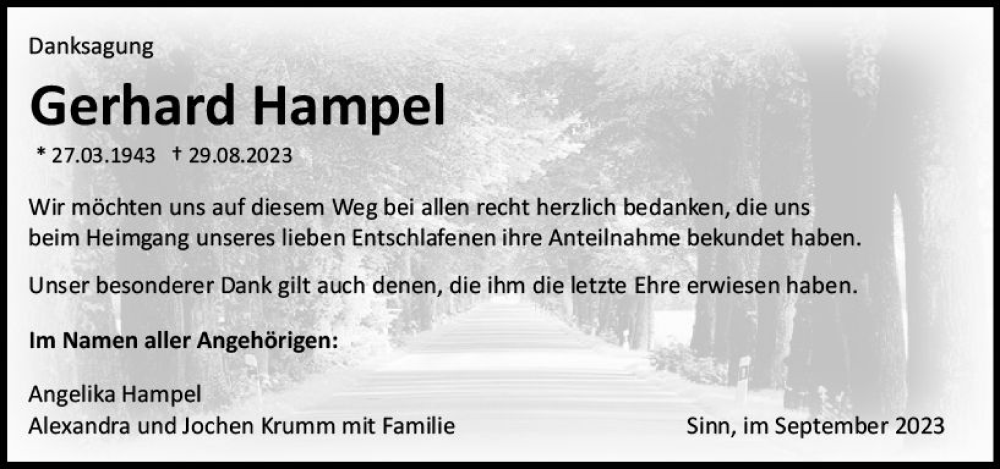  Traueranzeige für Gerhard Hampel vom 23.09.2023 aus Dill Block