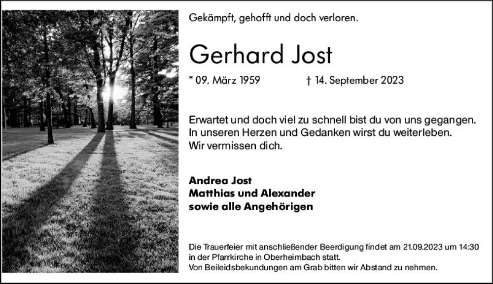 Traueranzeige für Gerhard Jost vom 18.09.2023 aus Allgemeine Zeitung Bingen/Ingelheim