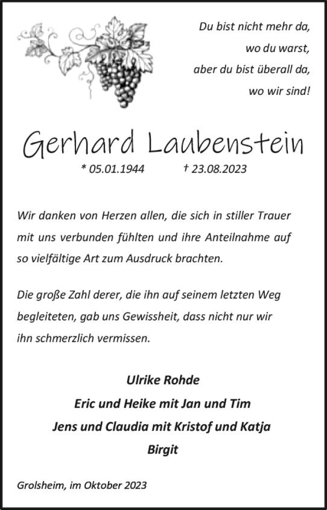  Traueranzeige für Gerhard Laubenstein vom 30.09.2023 aus Allgemeine Zeitung Bingen/Ingelheim
