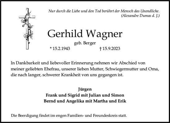 Traueranzeige von Gerhild Wagner von Allgemeine Zeitung Mainz